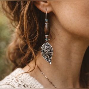 Artisan Leaf Drop Earrings Handmade w/ Vintage Reclaimed Wood Beads
